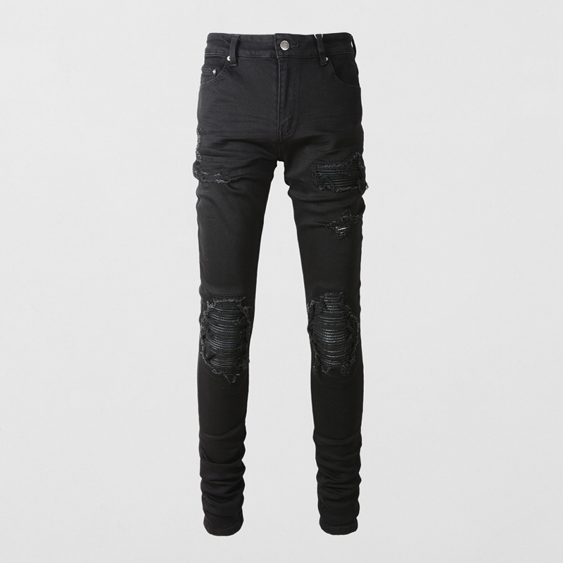 AMIRI Street Fashion Mens Jeans Black Elastic Slim Fit Jeans Mens Patch Designer Hip Hop Elastic Denim Pants Hombre