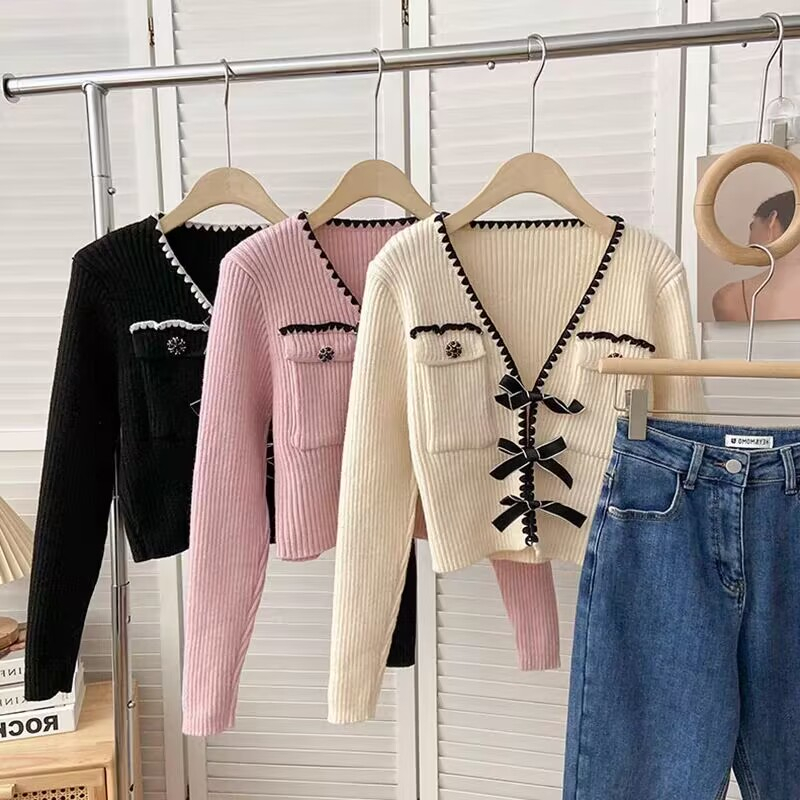 Áo Cardigan Dệt Kim Tay Dài Cổ Chữ V Thắt Nơ Đen Thời Trang Phong Cách Hàn Quốc Blackpink Jisoo