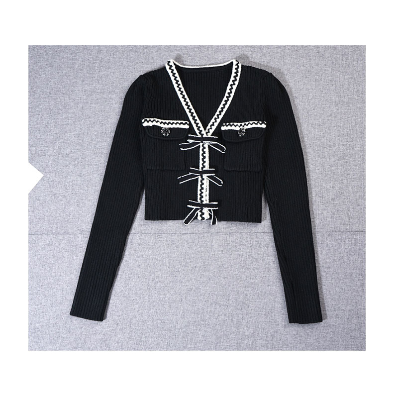 Áo Cardigan Dệt Kim Tay Dài Cổ Chữ V Thắt Nơ Đen Thời Trang Phong Cách Hàn Quốc Blackpink Jisoo