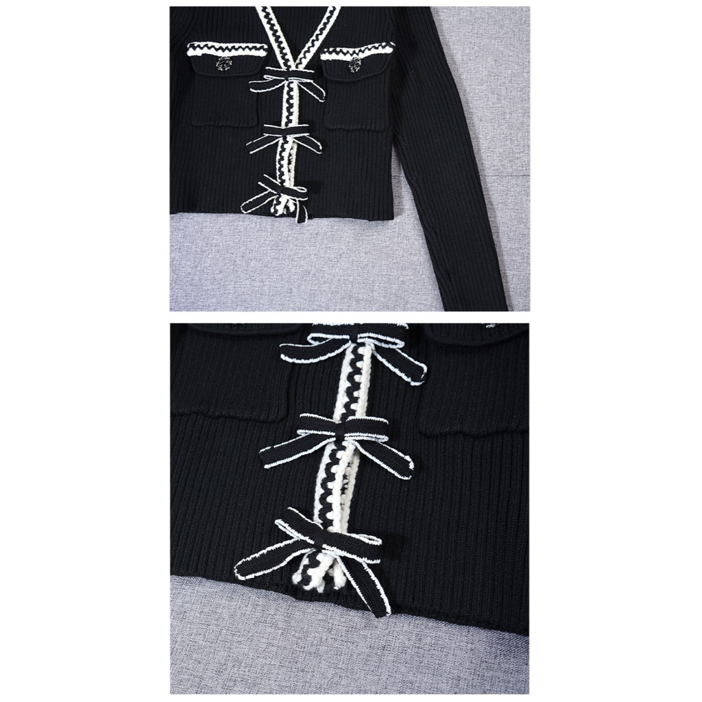 Áo Cardigan Dệt Kim Tay Dài Cổ Chữ V Thắt Nơ Đen Thời Trang Phong Cách Hàn Quốc Blackpink Jisoo