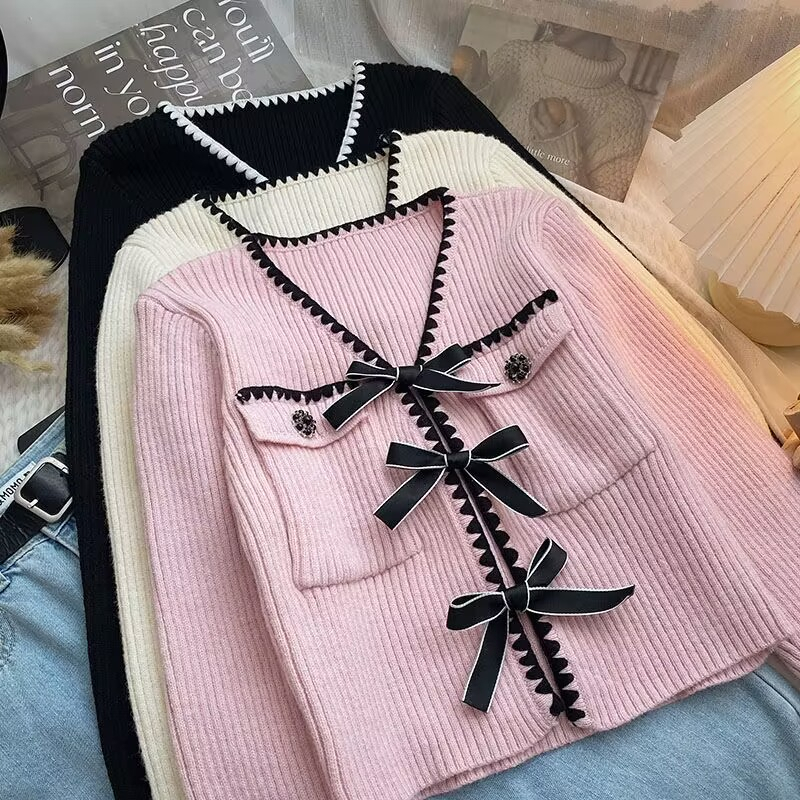 Áo Cardigan Dệt Kim Tay Dài Cổ Chữ V Thắt Nơ Đen Thời Trang Phong Cách Hàn Quốc Blackpink Jisoo