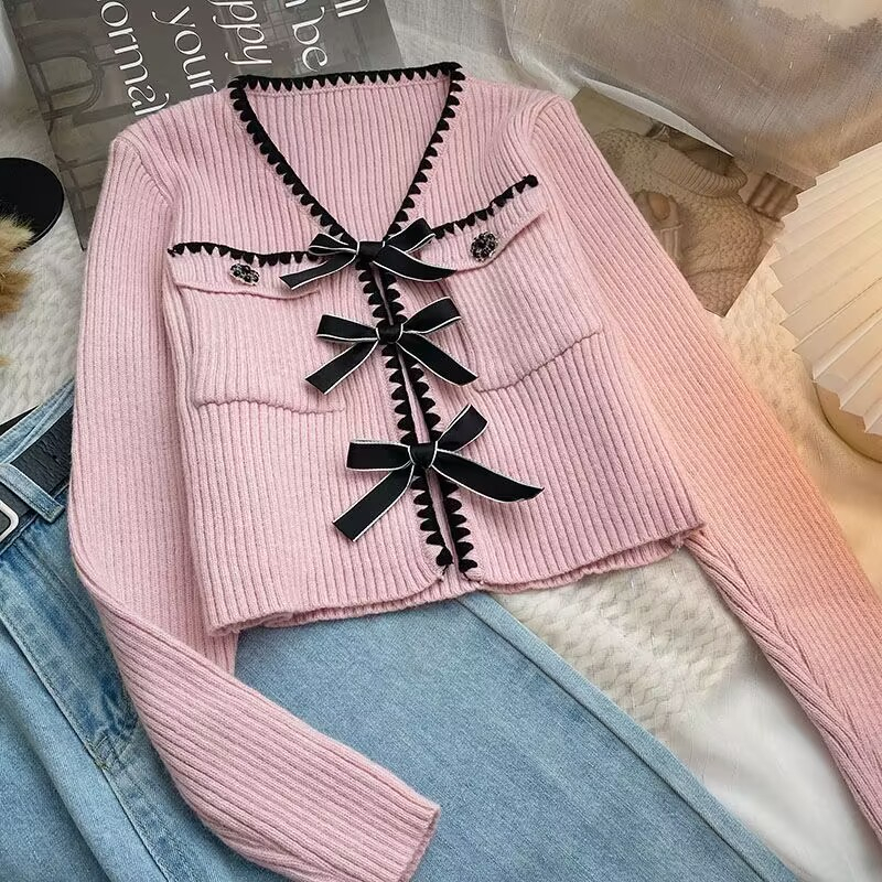Áo Cardigan Dệt Kim Tay Dài Cổ Chữ V Thắt Nơ Đen Thời Trang Phong Cách Hàn Quốc Blackpink Jisoo