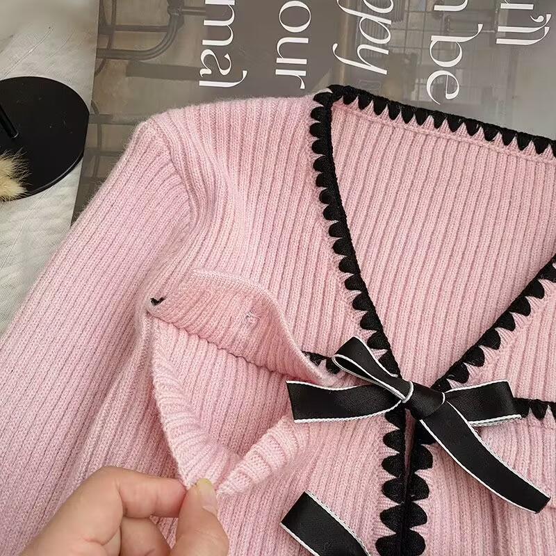 Áo Cardigan Dệt Kim Tay Dài Cổ Chữ V Thắt Nơ Đen Thời Trang Phong Cách Hàn Quốc Blackpink Jisoo