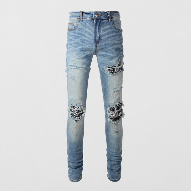 AMIRI Fashion Street Mens Jeans Vintage Blue Elastic Slim Fit Jeans Patch Designer Hip Hop Denim Pants Mens Perforated Pants