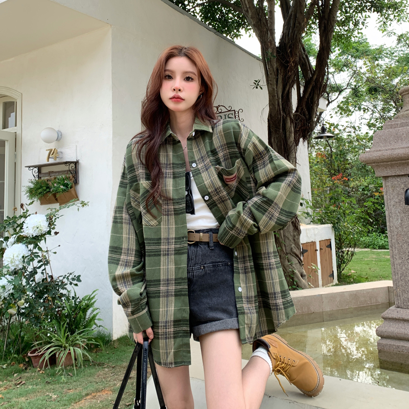 QOEDDV Áo Sơ Mi Chống Nắng Dáng Rộng Tay Dài Cổ Polo Kẻ Sọc Xanh Lá Phong Cách Hàn Quốc Cổ Điển Mùa Hè Dành Cho Bạn Nữ