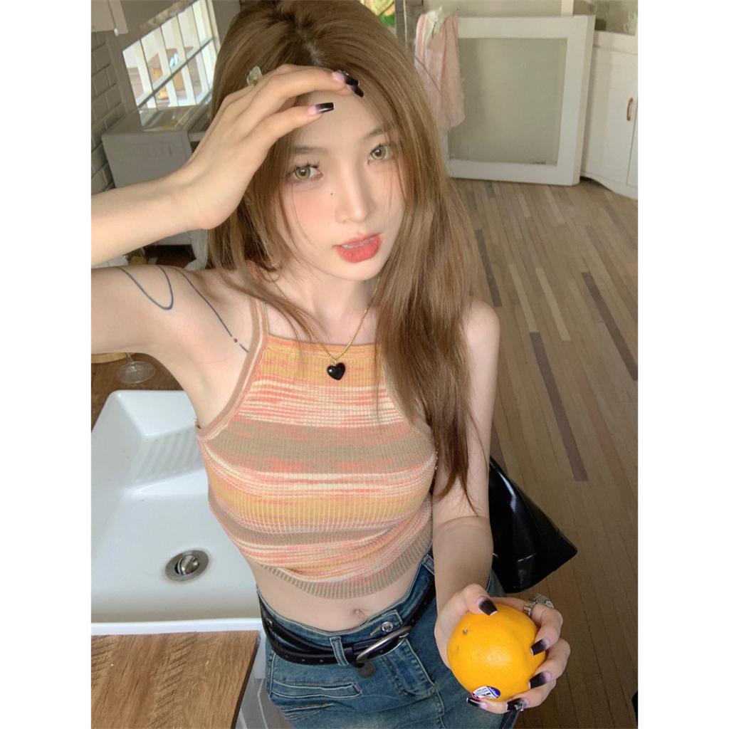 Áo Hai Dây Dáng Ngắn Form Ôm Họa Tiết Kẻ Sọc Thời Trang Mùa Hè Mới Cho Nữ