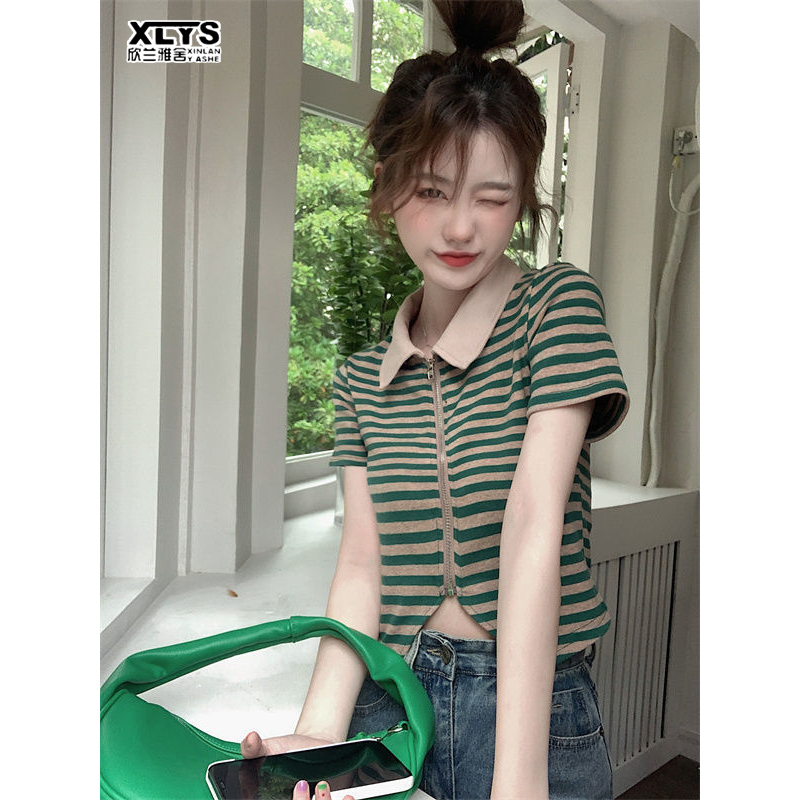 Áo polo XINLANYASHE Y2K tay ngắn họa tiết kẻ sọc thời trang mùa hè cho nữ