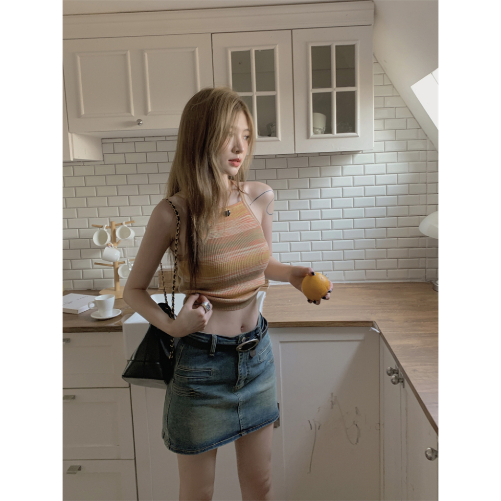 Áo hai dây XINLANYASHE dáng ngắn họa tiết kẻ sọc phong cách Hàn Quốc thời trang mùa hè cho nữ