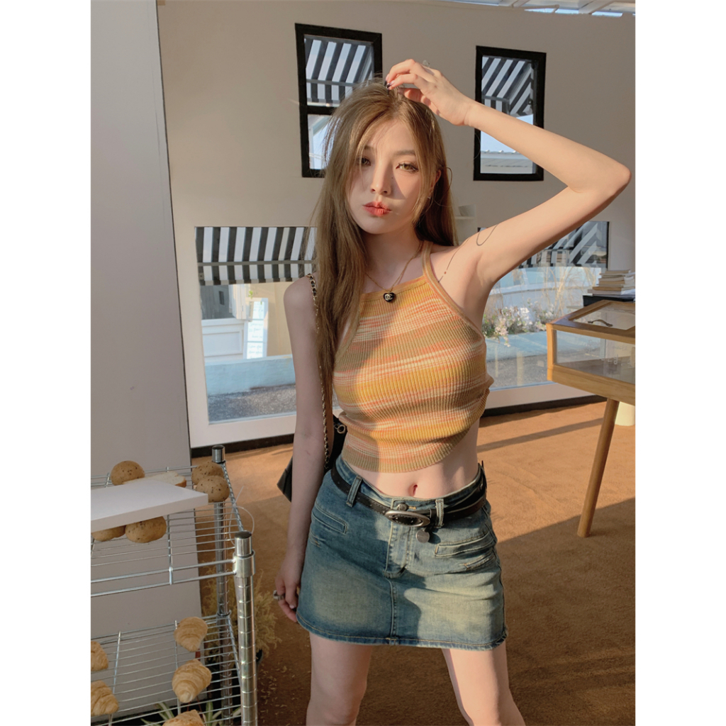 Áo hai dây XINLANYASHE dáng ngắn họa tiết kẻ sọc phong cách Hàn Quốc thời trang mùa hè cho nữ