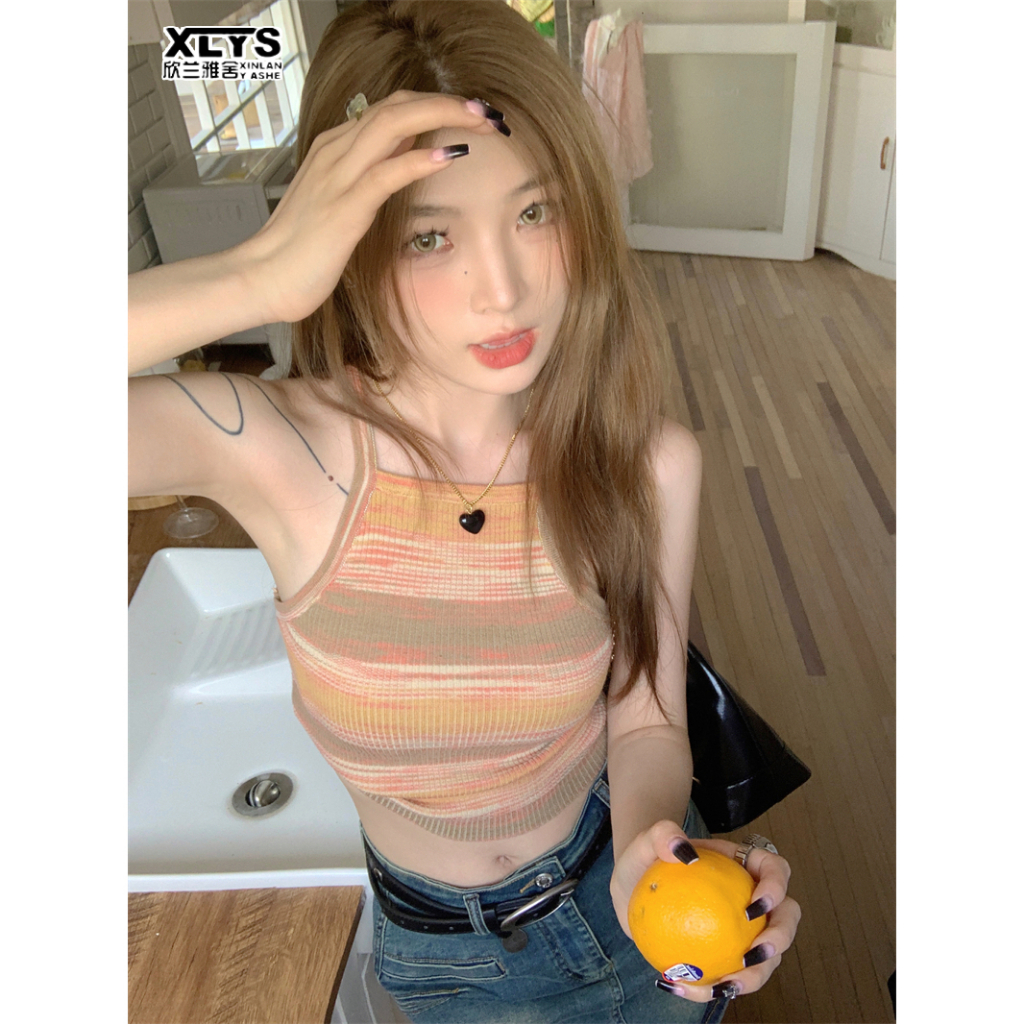 Áo hai dây XINLANYASHE dáng ngắn họa tiết kẻ sọc phong cách Hàn Quốc thời trang mùa hè cho nữ