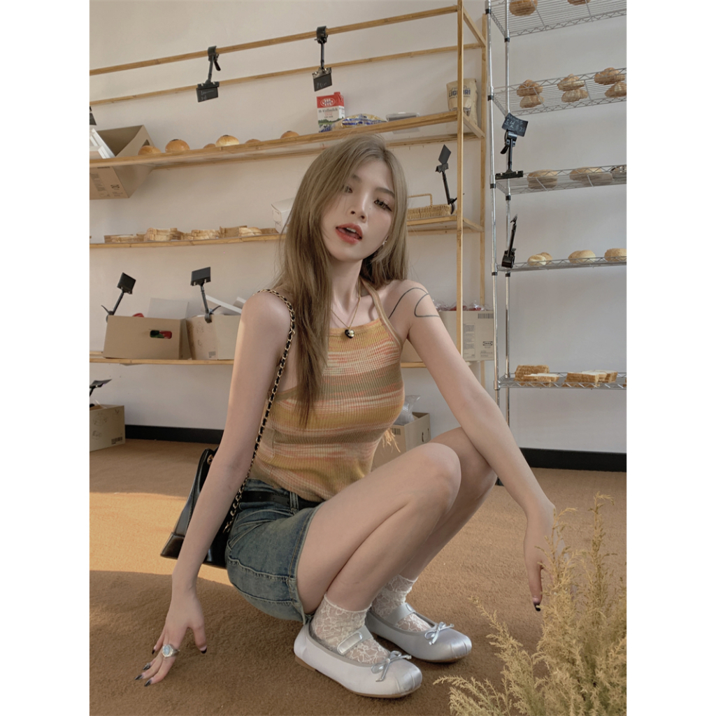 Áo hai dây XINLANYASHE dáng ngắn họa tiết kẻ sọc phong cách Hàn Quốc thời trang mùa hè cho nữ