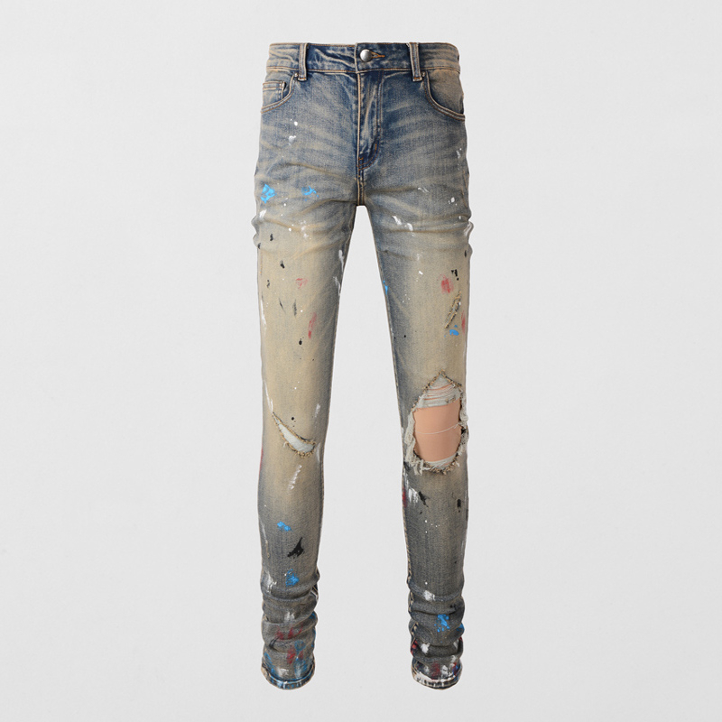 Amiri Street Fashion Mens Jeans Vintage Stretch Slim Fit Jeans Mens Perforated Pants Colored Designer Hip Hop Pants