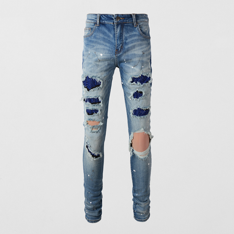 Amiri Street Fashion Men Jeans Vintage Blue Elastic Slim Fit Perforated Jeans Men Pants Patch Designer Brand Hip Hop Pants