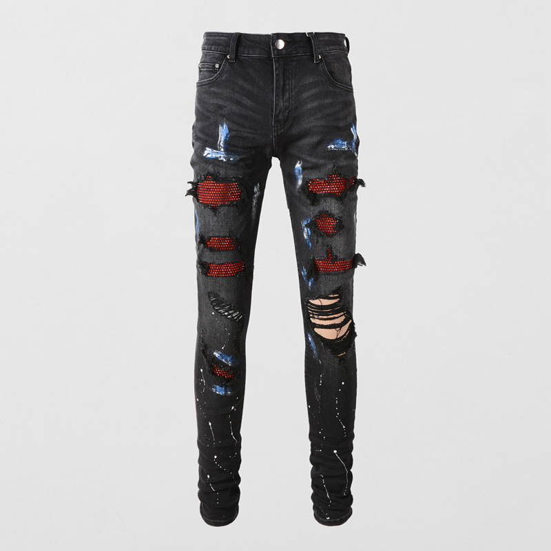 Amiri Street Fashion Mens Jeans Vintage Black Elastic Slim Fit Jeans Mens Perforated Pants Red Beaded Patch Designer Hip Hop Denim Pants