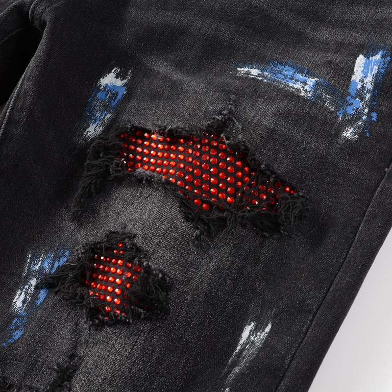 Amiri Street Fashion Mens Jeans Vintage Black Elastic Slim Fit Jeans Mens Perforated Pants Red Beaded Patch Designer Hip Hop Denim Pants