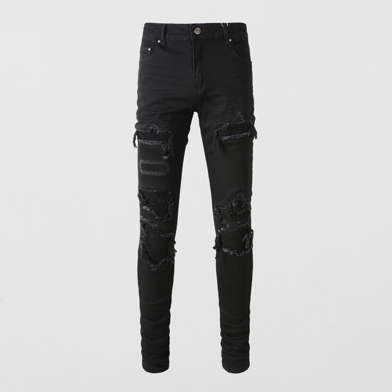 Amiri Street Fashion Mens Jeans Black Elastic Slim Fit Jeans Mens Elastic Pants Patch Designer Hip Hop Denim Pants Hombre