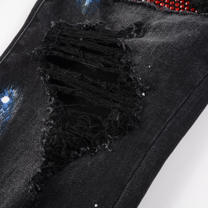 Amiri Street Fashion Mens Jeans Vintage Black Elastic Slim Fit Jeans Mens Perforated Pants Red Beaded Patch Designer Hip Hop Denim Pants