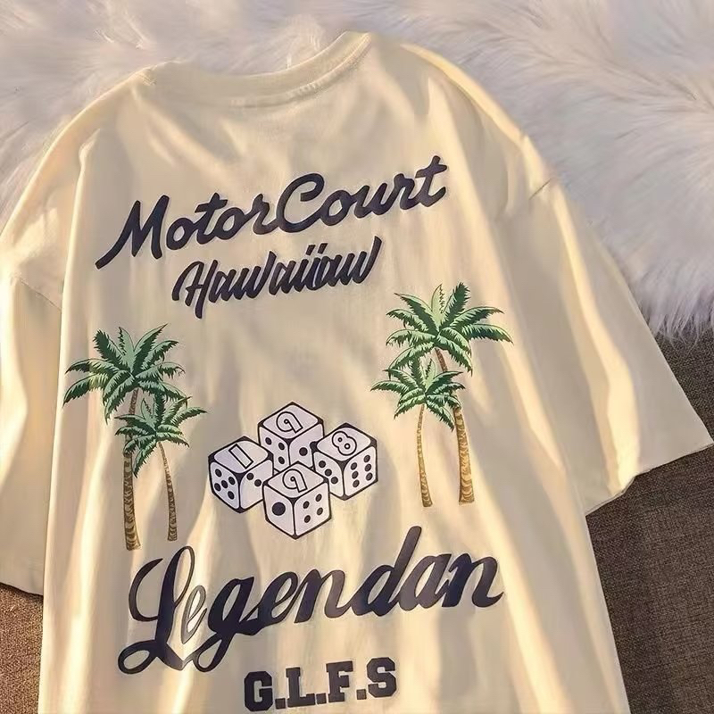 Áo Thun cotton Cổ Tròn Dáng Rộng In Hình Cây Dừa Phong Cách retro Mỹ Cá Tính Cho Nam
