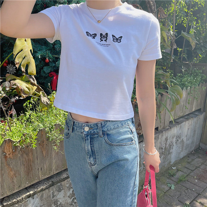 Áo Thun Ngắn Tay In Chữ Và Bướm Phong Cách Hàn Quốc Dành Cho Nữ