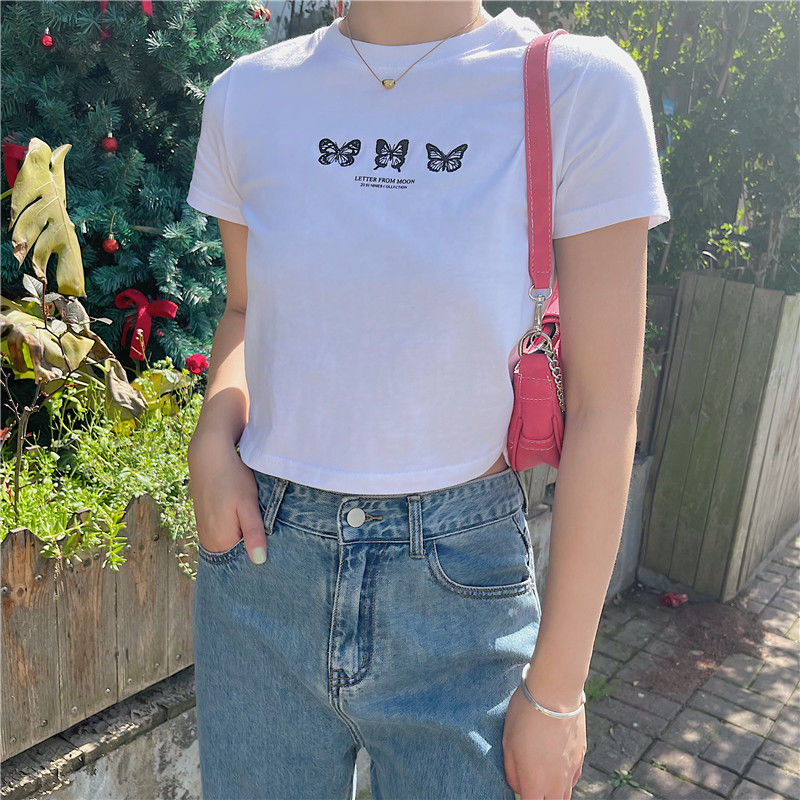 Áo Thun Ngắn Tay In Chữ Và Bướm Phong Cách Hàn Quốc Dành Cho Nữ
