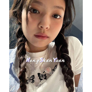 Áo thun HENG SHAN YUAN ngắn tay in chữ và bướm phong cách Hàn Quốc dành cho nữ