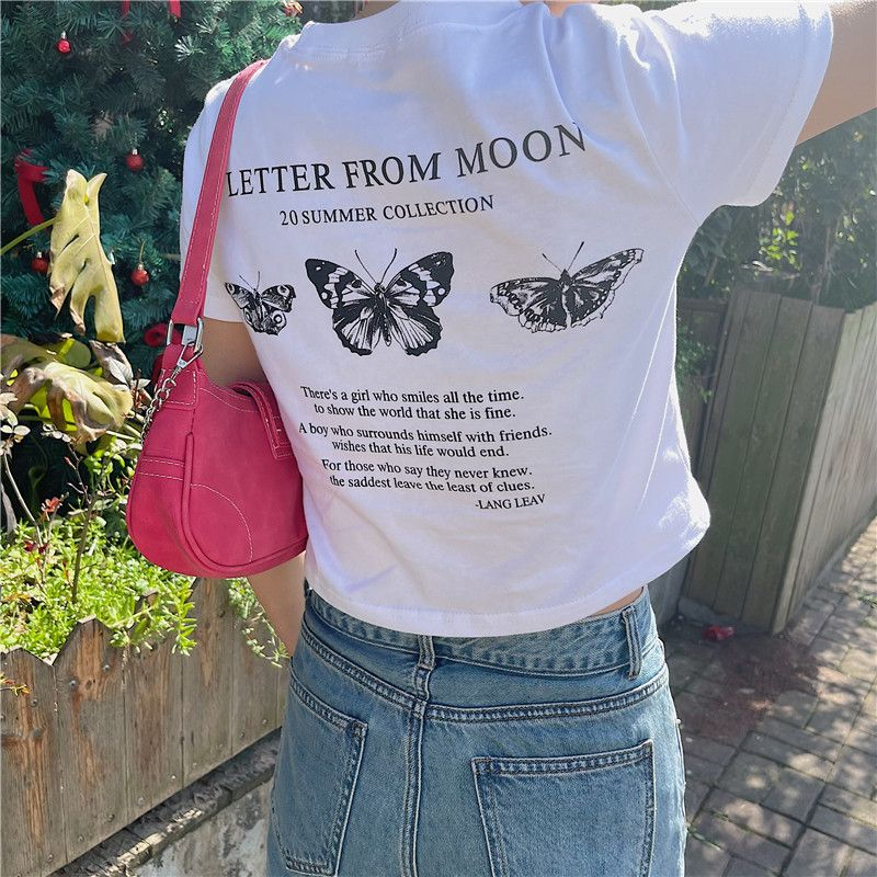 Áo Thun Ngắn Tay In Chữ Và Bướm Phong Cách Hàn Quốc Dành Cho Nữ