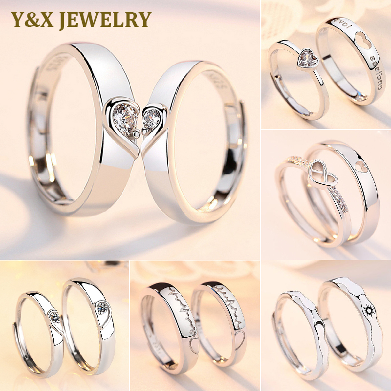 Set 2 Nhẫn Cưới Mạ Bạc 925 Đính Đá Zircon Có Thể Điều Chỉnh Kích Cỡ Cho Cặp Đôi / Ngày Valentine