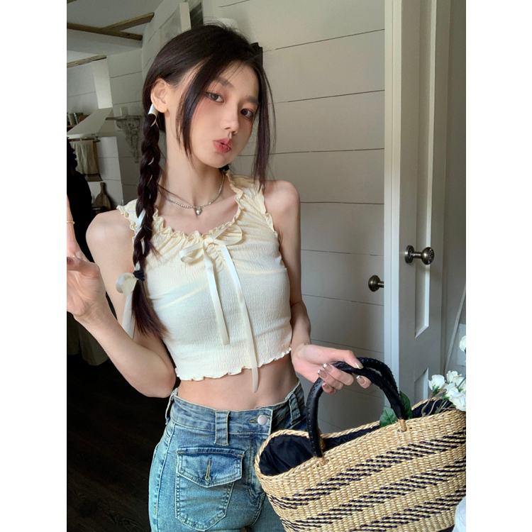 Áo Croptop Sát Nách Dáng Ôm Phối Nơ Thời Trang Mùa Hè Cho Nữ