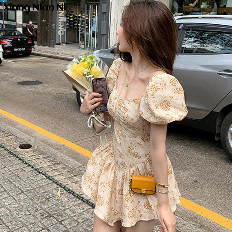 Đầm nữ Xiang Nian Ni ngắn tay cổ tròn thời trang Hàn Quốc