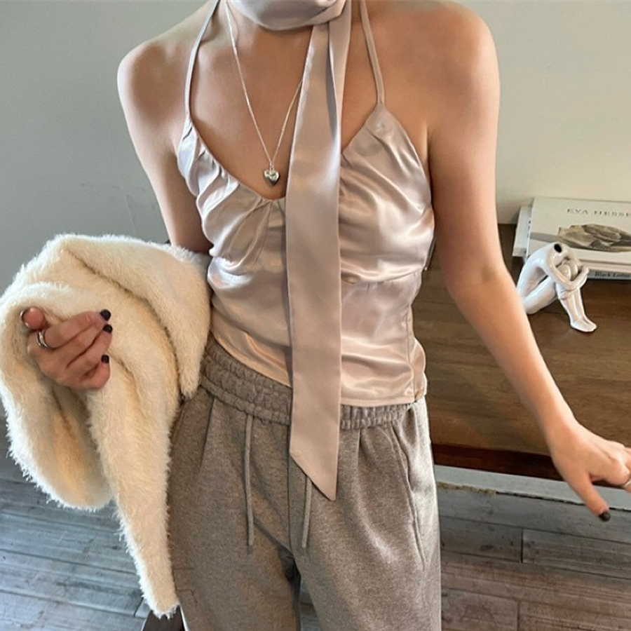 Áo Hai Dây satin Màu Trơn Cổ Chữ V Gợi Cảm Thời Trang Mùa Hè Cho Bạn Gái