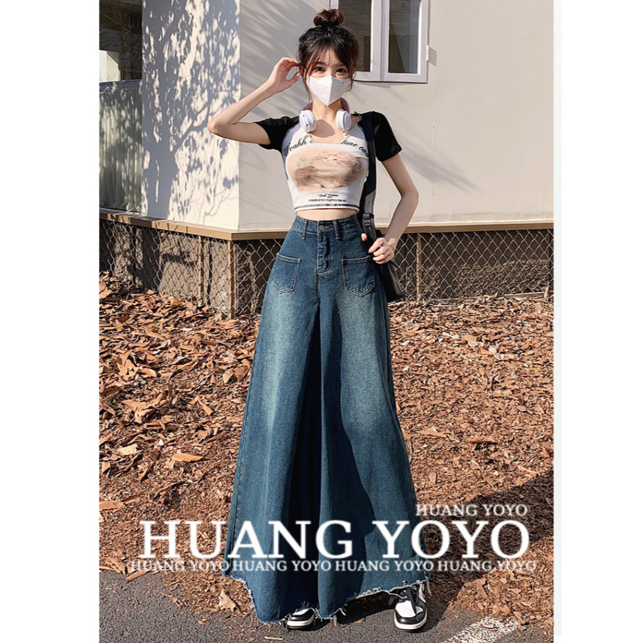 kumikumi HUANG YOYO Quần Jeans Nữ Lưng Cao Ống Rộng Thời Trang Hàn Quốc