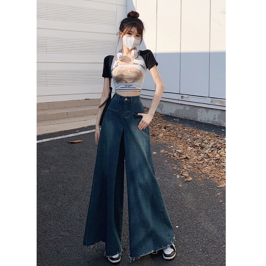 kumikumi HUANG YOYO Quần Jeans Nữ Lưng Cao Ống Rộng Thời Trang Hàn Quốc