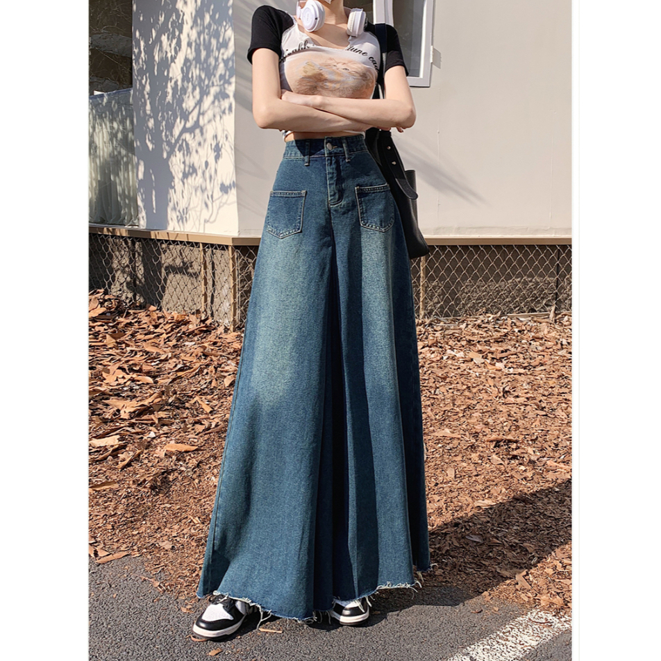 kumikumi HUANG YOYO Quần Jeans Nữ Lưng Cao Ống Rộng Thời Trang Hàn Quốc
