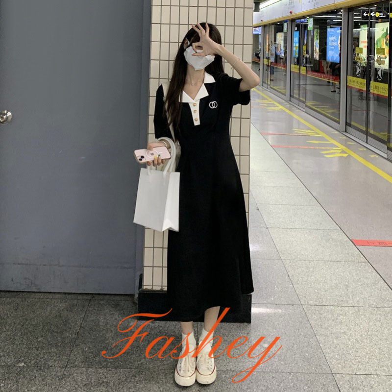 Fashey Đầm Dài Cổ POLO Ôm Eo Thời Trang Mùa Hè 2023 Thiết Kế Mới Phong Cách Pháp Cho Nữ