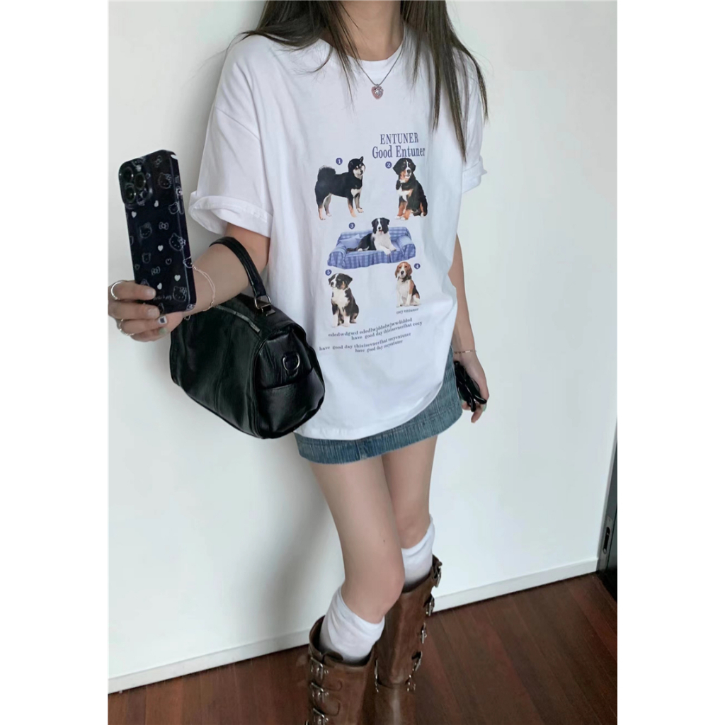 「MOTEL7」Áo Thun Cotton Ngắn Tay In Hình Cún Con Dễ Thương