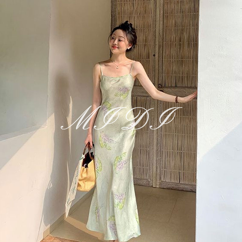 SINRANSINYA Đầm Hai Dây Họa Tiết Hoa Phong Cách Retro Pháp