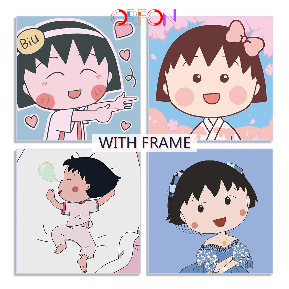 【ORFON】Tranh tô màu theo số 20*20/30*30cm có khung·vẽ tay cho trẻ em/phim hoạt hình đơn giản/sê-ri Chibi Maruko