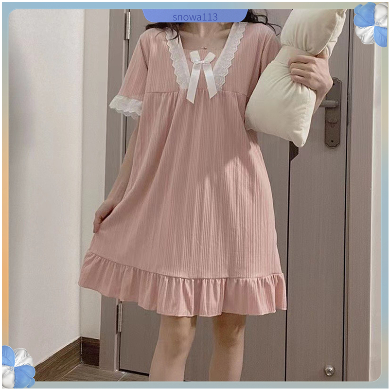 Bán nóng Đồ ngủ Tay Ngắn Phối Ren Và Nơ Dễ Thương Thời Trang Mùa Hè Cho Nữ