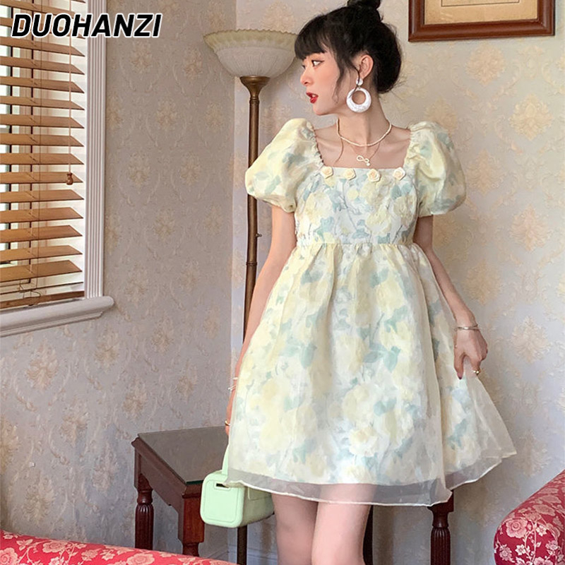 Đầm Công Chúa tutu Cổ Vuông Tay Phồng In Họa Tiết Hoa Phong Cách Pháp Thời Trang Cho Nữ