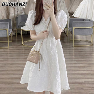 Đầm Trắng Tay Phồng Cổ Chữ v Phong Cách Pháp Thời Trang Cho Nữ