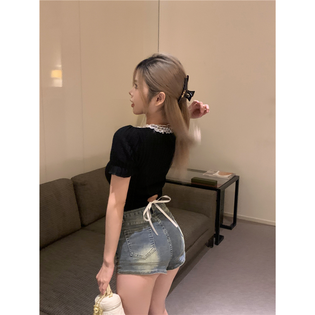 Lalisas Áo Thun Dệt Kim Tay Ngắn Cổ Vuông Thắt Nơ Ngọt Ngào Thời Trang Cho Nữ