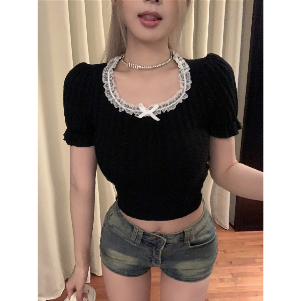 Lalisas Áo Thun Dệt Kim Tay Ngắn Cổ Vuông Thắt Nơ Ngọt Ngào Thời Trang Cho Nữ