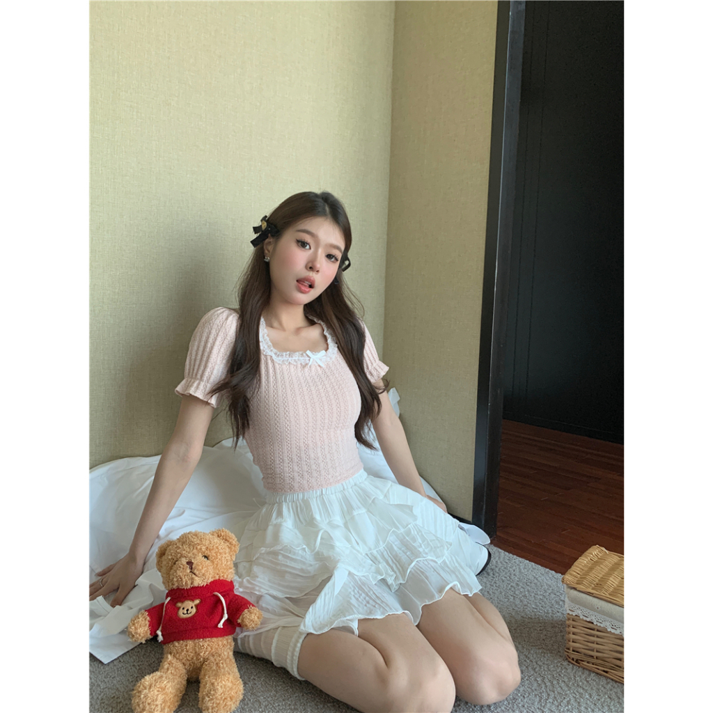 Lalisas Áo Thun Dệt Kim Tay Ngắn Cổ Vuông Thắt Nơ Ngọt Ngào Thời Trang Cho Nữ