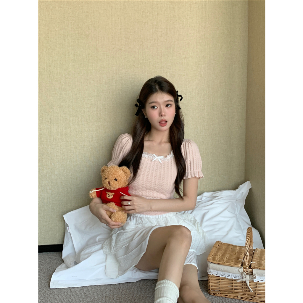 Lalisas Áo Thun Dệt Kim Tay Ngắn Cổ Vuông Thắt Nơ Ngọt Ngào Thời Trang Cho Nữ