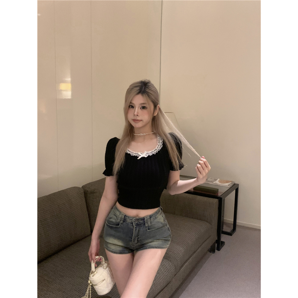 Lalisas Áo Thun Dệt Kim Tay Ngắn Cổ Vuông Thắt Nơ Ngọt Ngào Thời Trang Cho Nữ