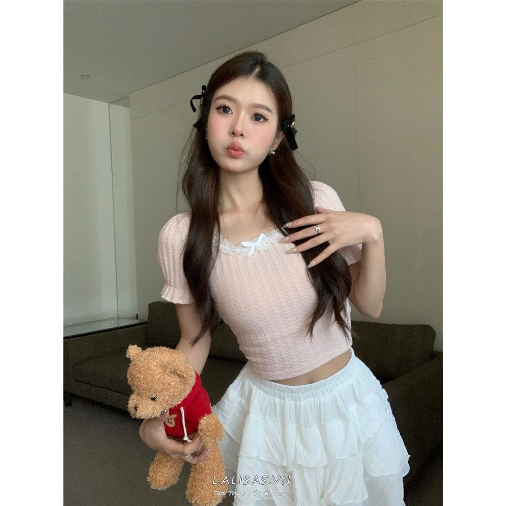 Lalisas Áo Thun Dệt Kim Tay Ngắn Cổ Vuông Thắt Nơ Ngọt Ngào Thời Trang Cho Nữ