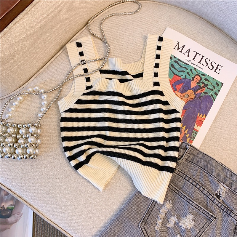 Áo Tank Top Dệt Kim Hai Dây Bản Rộng Họa Tiết Kẻ Sọc Màu Tương Phản Phong Cách Pháp Thời Trang Mùa Hè Cho Nữ