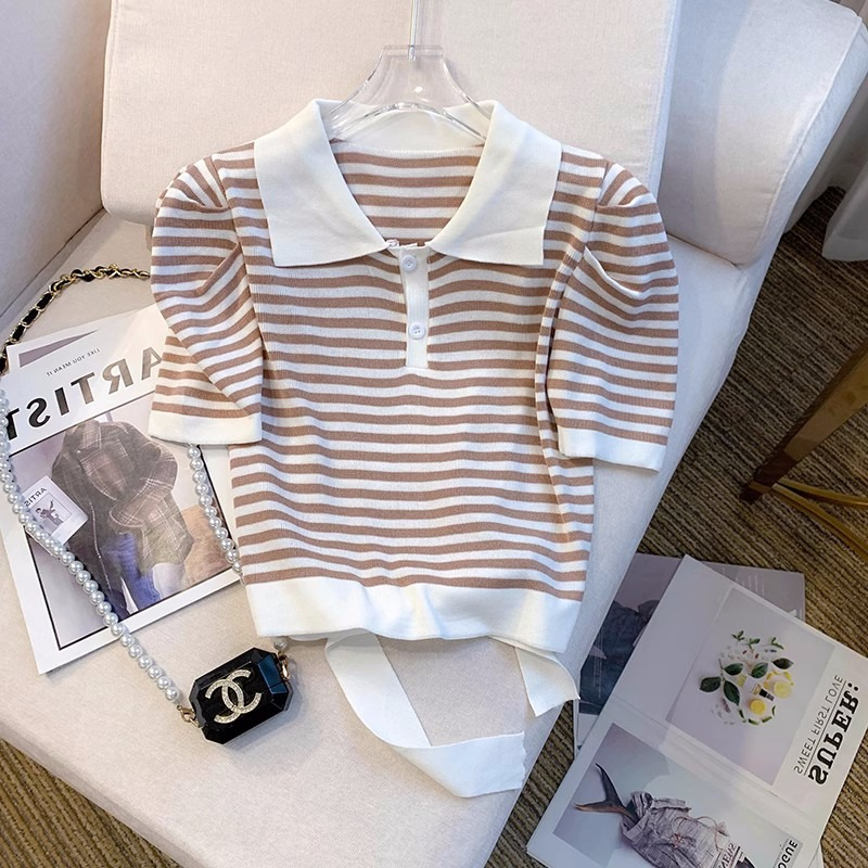 Áo polo Ngắn Tay Thắt Nơ Hở Lưng Họa Tiết Sọc Tương Phản Phong Cách Hàn Quốc