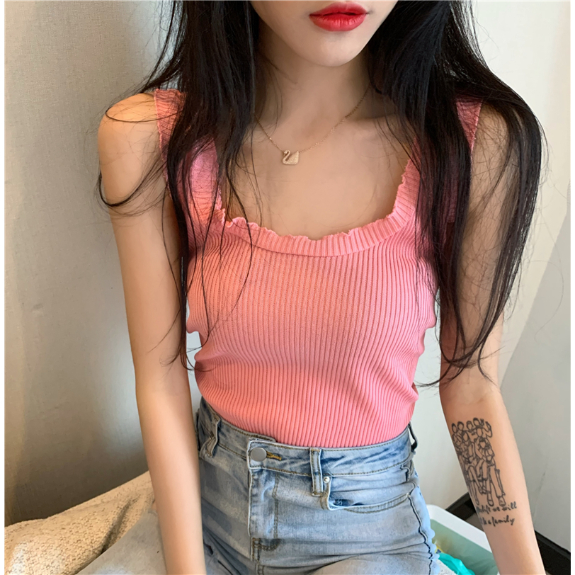 Lalisas Áo Dệt Kim Hai Dây Dáng Ôm Viền Bèo Ngọt Ngào Thời Trang Hàn Quốc Cho Nữ