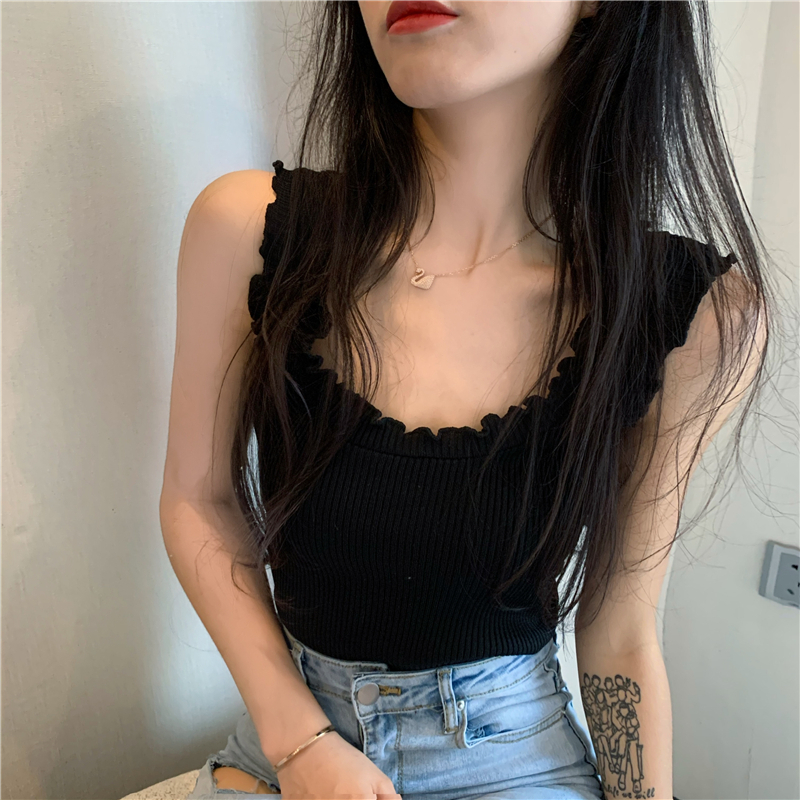 Lalisas Áo Dệt Kim Hai Dây Dáng Ôm Viền Bèo Ngọt Ngào Thời Trang Hàn Quốc Cho Nữ